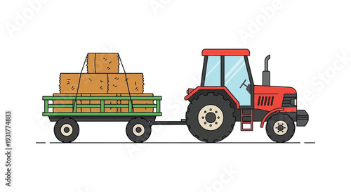 A colorful illustration depicts a tractor pulling a trailer full of hay bales presented as a silhouette high quality professional detailed