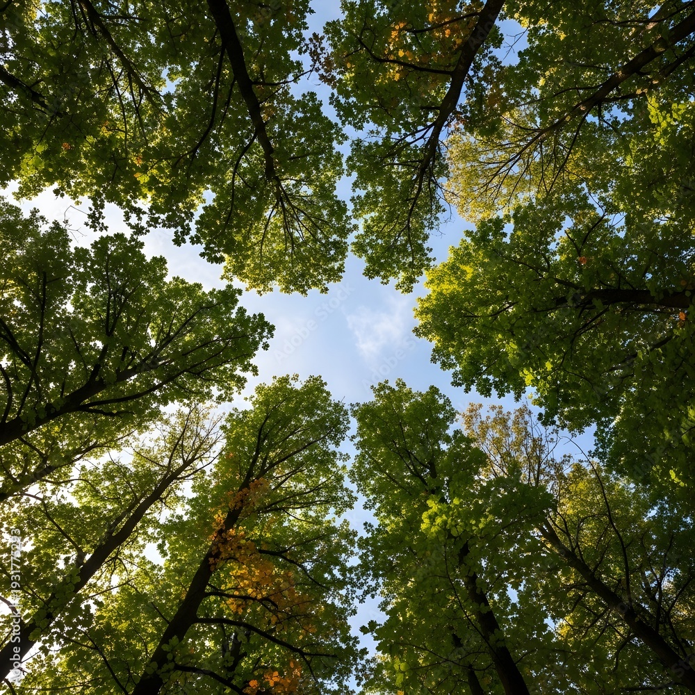 Fototapeta premium Tall green trees with blue sky and clouds