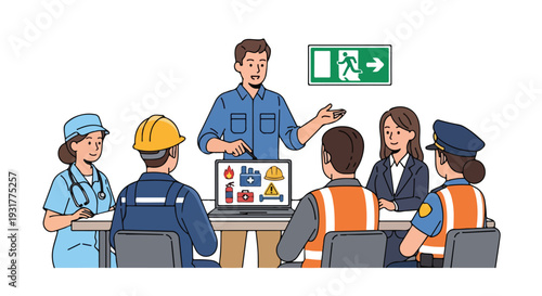 A diverse team of professionals discussing safety and health protocols on a laptop during a work meeting with a focus on emergency procedures.