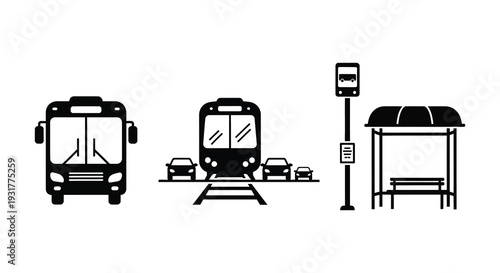 A minimalist depiction of public transportation icons bus train car and bus stop in a stark silhouette high quality professional detailed modern elegant