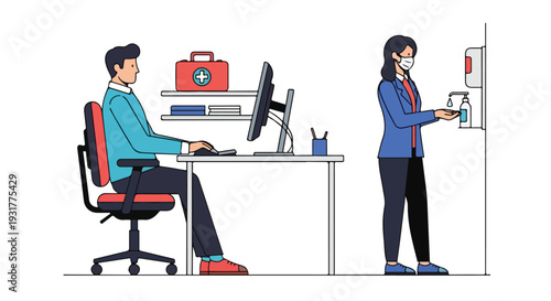 An office scene with a man working at a desk and a woman holding a coffee cup, emphasizing health and safety at work on a typical workday in a modern office setting.