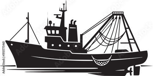 Fishing Trawler Silhouette Minimalist Working Boat with High Bridge and Aft Gantry Net Structure Flat Vector Icon
