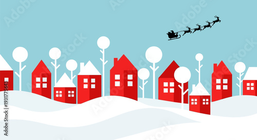 Santa Claus Sleigh with Reindeer Flying over Red Houses in Winter Landscape with Snowy Trees in Flat Design for Christmas Greeting Card