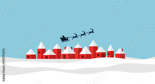 Santa Claus sleigh in snowy village with red houses in flat design style with white snow and blue sky for christmas greeting card