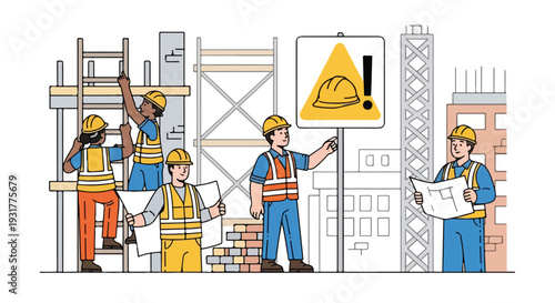 Illustration of construction workers in safety gear working on a building site with a warning sign, conveying a sense of health and safety at work on a busy day.