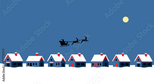 Santa Claus sleigh in silhouette flying over snowy houses with red chimneys in dark blue night sky with full moon for christmas greeting card