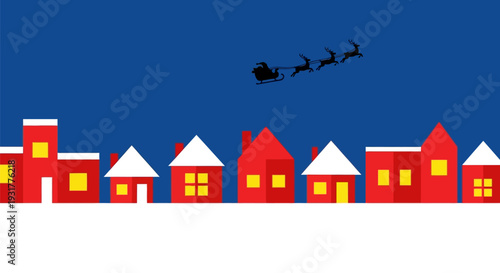 Santa Claus sleigh in vibrant red houses with snowy roofs and bright windows on clear blue sky for Christmas greeting card