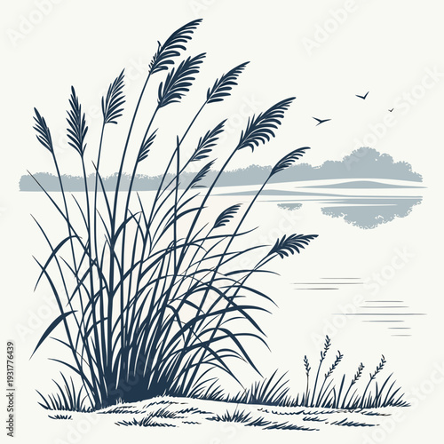 Dark blue grass cluster with serene lake background and birds