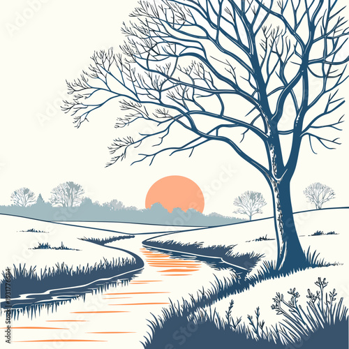 Bare tree beside icy pond at sunrise winter landscape 1