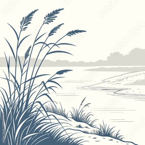Frozen lake shore with tall grass and sandy bank at cold pastel dawn