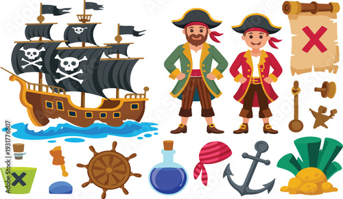 Fun Pirate Adventure Vector Set Featuring Sailing Ship, Treasure Chest, Map, Pirates, Parrot and Nautical Fantasy Elements
