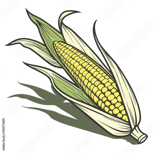 Corn cob with partially removed husk and leaves showing bright yellow kernels