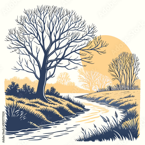 Bare tree beside winding river at sunrise grass landscape
