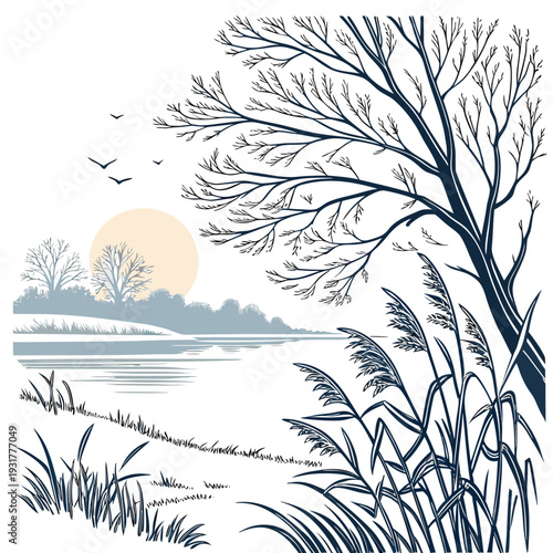 Frosty shoreline with bare tree and vegetation