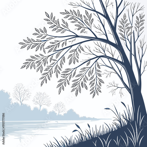 Icy shoreline vegetation with frosty tree and lake