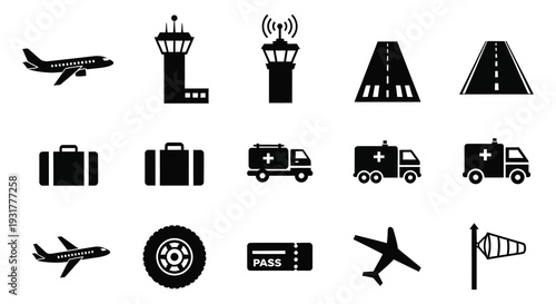 A collection of black silhouettes depicting travel aviation and emergency services presented in a minimalist style silhouette high quality professional detailed