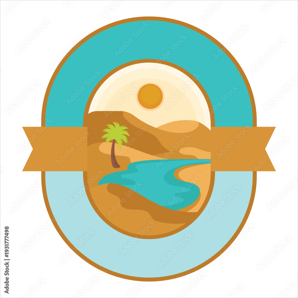Fototapeta premium Vibrant desert oasis logo with palm tree and river