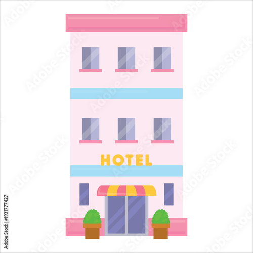 Colorful pink hotel building with awning and potted plants