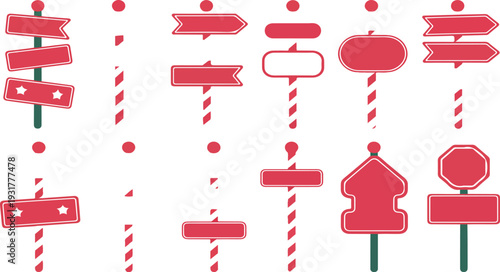 Christmas Candy Signpost Illustration Set with Peppermint Signs, Candy Cane Arches, Gingerbread Houses and Festive Direction Boards