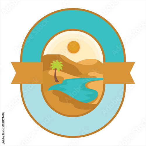 Vibrant desert oasis logo with palm tree and river