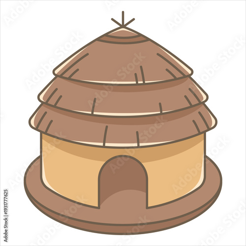 Illustration of a traditional round hut with conical roof