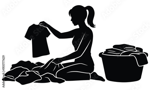Woman Sorting Laundry Clothes Silhouette Vector — Housework Folding Organizing Black Isolated Clipart