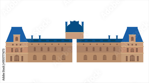 Illustration of a large, symmetrical french chateau with blue roofs