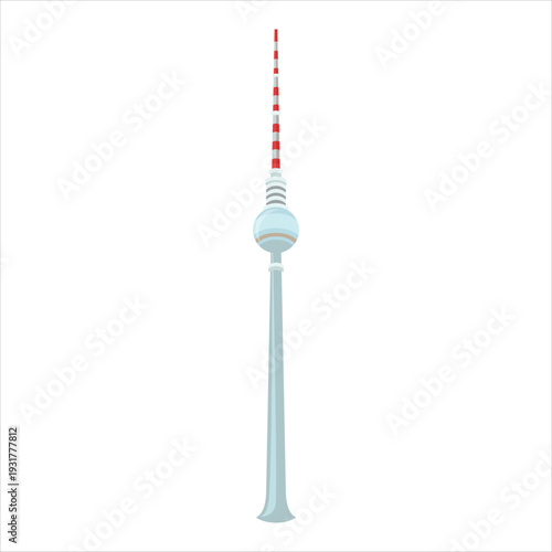 Tall, slender tower with red lights on top against a white background.