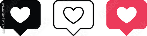 Heart icons in speech bubbles with black, white, and pink colors in flat design for social media likes.