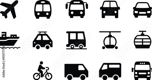Transportation icon set featuring airplane, bus, truck, car, ship, cable car, bicycle, van and taxi silhouettes, black vector symbols representing travel, logistics, commuting, and mobility
