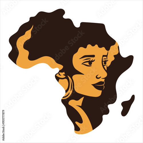 African woman face in brown and orange Africa continent map silhouette