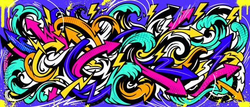 Abstract graffiti background with vibrant colors, dynamic flowing waves, bubbles and arrows shapes. Graffiti vector urban theme for prints, banners, and textiles