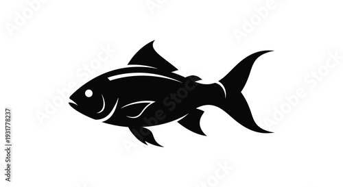 A striking black fish design is prominently displayed against a white background creating a bold silhouette high quality professional detailed modern