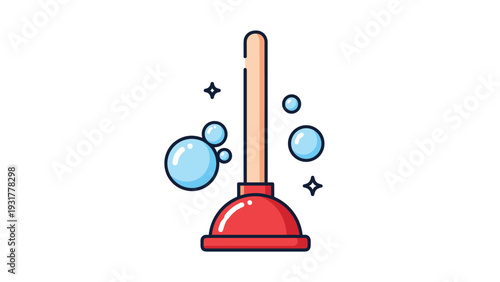 Red rubber plunger illustration with blue soap bubbles and sparkles representing plumbing and cleaning services.