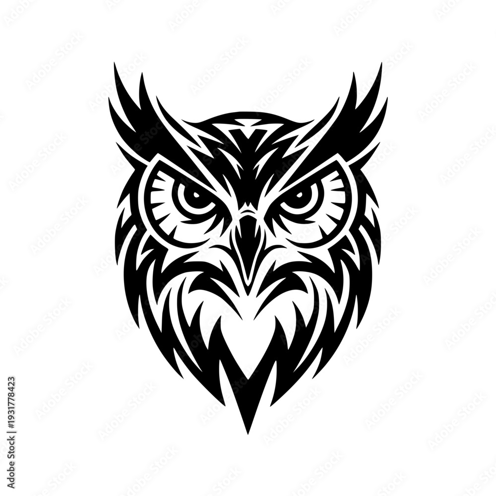 Fototapeta premium Stunning black owl head with sharp feathers and intense gaze