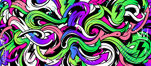 Abstract graffiti background with vibrant colors, dynamic flowing waves, bubbles and arrows shapes. Graffiti vector urban theme for prints, banners, and textiles