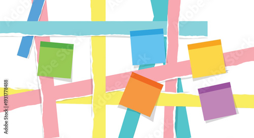 Colorful abstract illustration with geometric shapes, stripes, and squares in various hues, viewed from a straightforward perspective, Whisk reference.