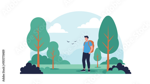 Male hiker with a backpack standing in a lush green forest landscape under a clear blue sky with flying birds.