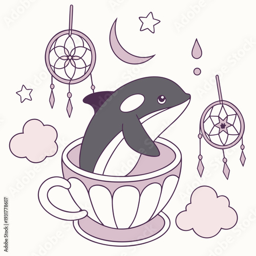 Creative SVG: Bashful Orca with in a teacup in a Dreamland colored Fantasy dream theme
