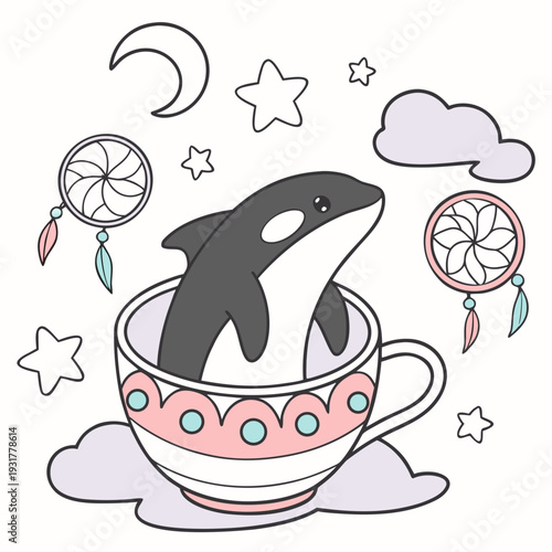 An adorable Orca with a Grumpy vibe, in a teacup, and a Dreamland Fantasy dream theme – SVG style