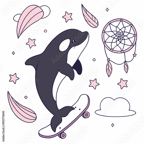 Charming SVG of a Cheerful Orca featuring riding a skateboard, styled in a Fantasy dream theme with Dreamland hues