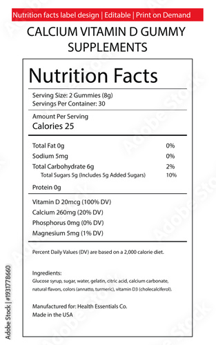Calcium Vitamin D Gummy Supplement Nutrition Facts Label Vector Editable Design
