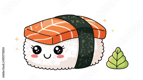 Adorable cartoon salmon sushi character with a happy face and a side of green wasabi isolated on a white background.