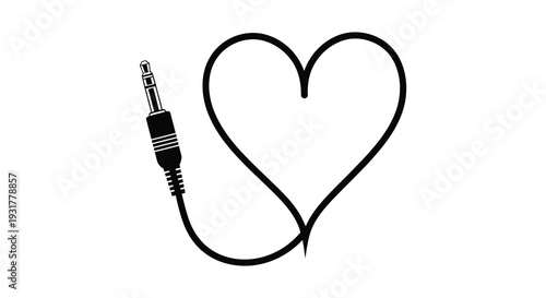 A black silhouette of an audio jack forming part of a heart shape symbolizing music and love silhouette high quality professional