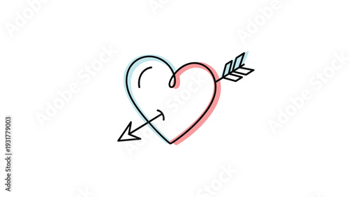 Simple line art heart illustration with an arrow through it and a red and blue color shift effect for romance.