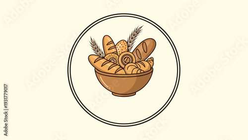 Assorted freshly baked breads and a croissant in a brown bowl surrounded by wheat stalks for bakery branding.