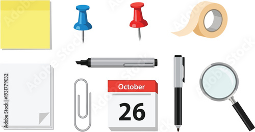 Office supplies and stationery arranged neatly on a desk with a calendar