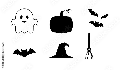 Minimal Cute Halloween Icon Collection Ghost Pumpkin Bat Vector