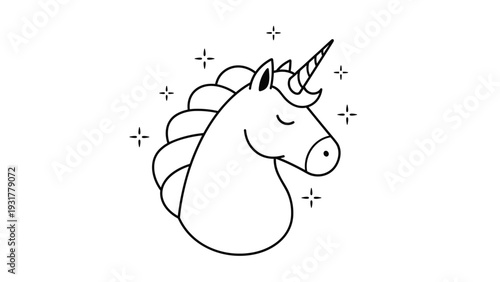 Simple black line drawing of a unicorn head with a magical horn surrounded by small twinkling stars on white.