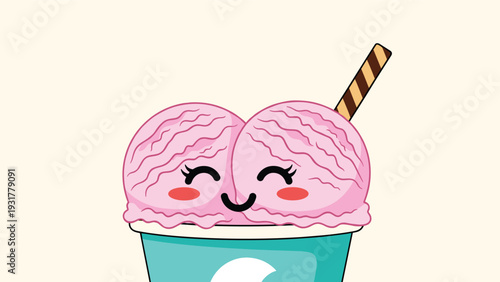 Cute cartoon pink ice cream sundae served in a blue cup featuring a happy face and a striped wafer stick topping.